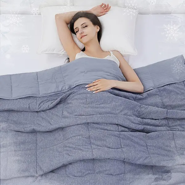 Double-Sided Striped Quilted Blue Square Cooling Quilt - Summer Bedding for Hot Sleepers, Lightweight Breathable for Night Sweats, Machine Washable, Bedroom Use