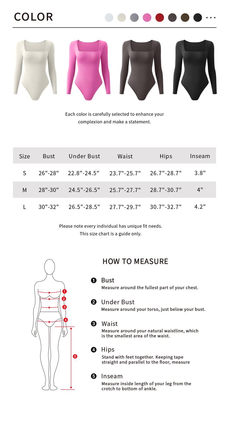 OQQ Womens 2 Piece Bodysuits Long Sleeve Square Neck Stretch Fitted Bodysuits Basic