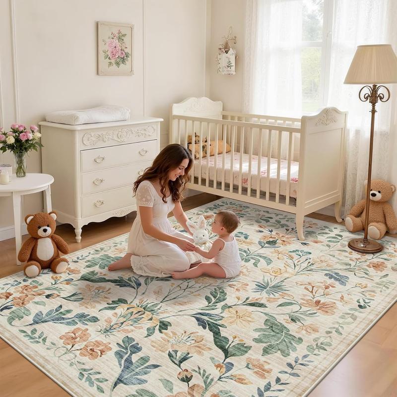 Lagre Boho Living Room Rug Soft Non-Slip Thin Carpet Indoor Floor Non-Shedding Neutral Floral Carpets for Bedroom Dining Room Farmhouse Nursery Washable Rug