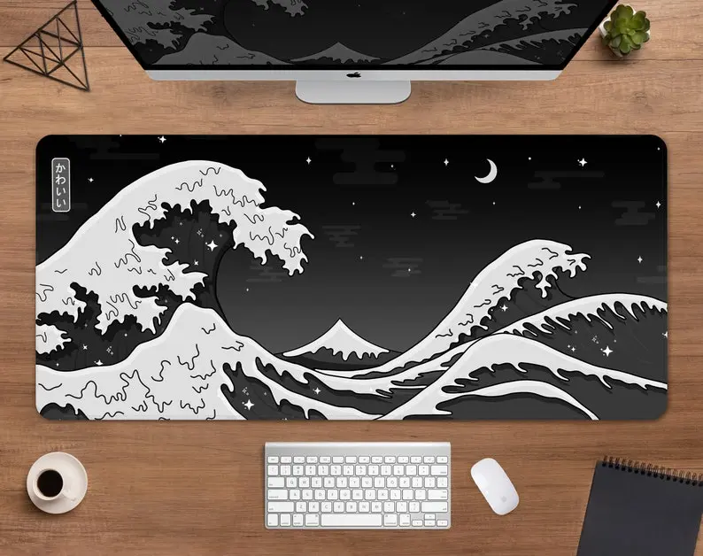 Black and white desk mat wave mousepad, Hokusai great wave minimal dark design, Japanese anime desk accessories, XXL large gaming mouse pad, Desk Mat Gifts