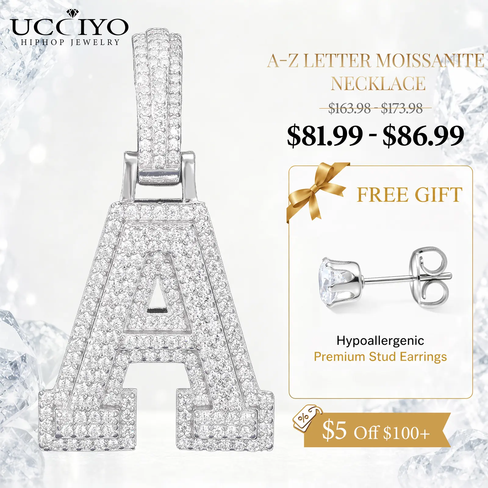 UCCIYO A-Z 26 Letters Pendant P351 Lab-created Moissanite S925 Sterling Silver Necklace for Women Men Hip Hop Jewelry Gift  Halloween summerwins【#P351】