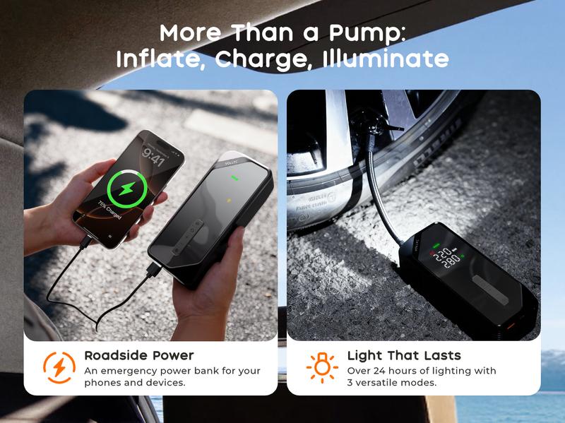 2026 Upgraded VOLLYC Cordless Tire Inflator Portable Wireless Air Compressor 150 PSI High-Pressure Air Pump with 4 Preset Modes for Cars and Inflatables,  Lightweight Automotive Vehicle Tool Car Repair Tools with Long Lasting Battery