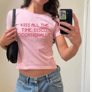 Kiss All The Time Disco Occasionally Pink Baby Tee – Y2K Aesthetic Graphic Crop Top, Cute Retro Disco Quote Shirt, y2kstyle, babytshirt, y2kfashion, discoaesthetic, cutegirlshirt, graphicbabyt, retroaesthetic, 2000sfashion,  trendyoutfit, streetstylegirlt