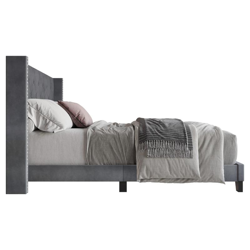 Favorer Monroe Tufted Upholstered Wingback Panel Bed Frame with Diamond Tufting and Nailhead Trim for Adult Bedroom, Box Spring Required