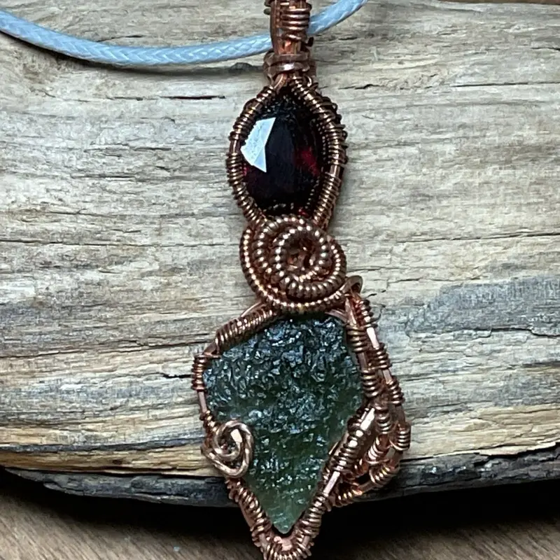Moldavite and Garnet Copper Wirewrap pendant