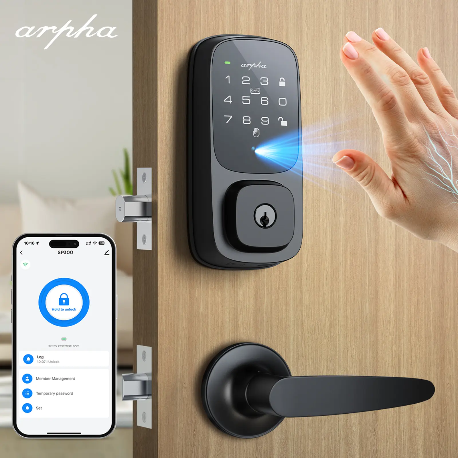 ARPHA SP300 Keyless Entry Smart Deadbolt with Handle Set, Palm Vein Biometric Front Door Lock, Built-in WiFi, App & Voice Control, NFC