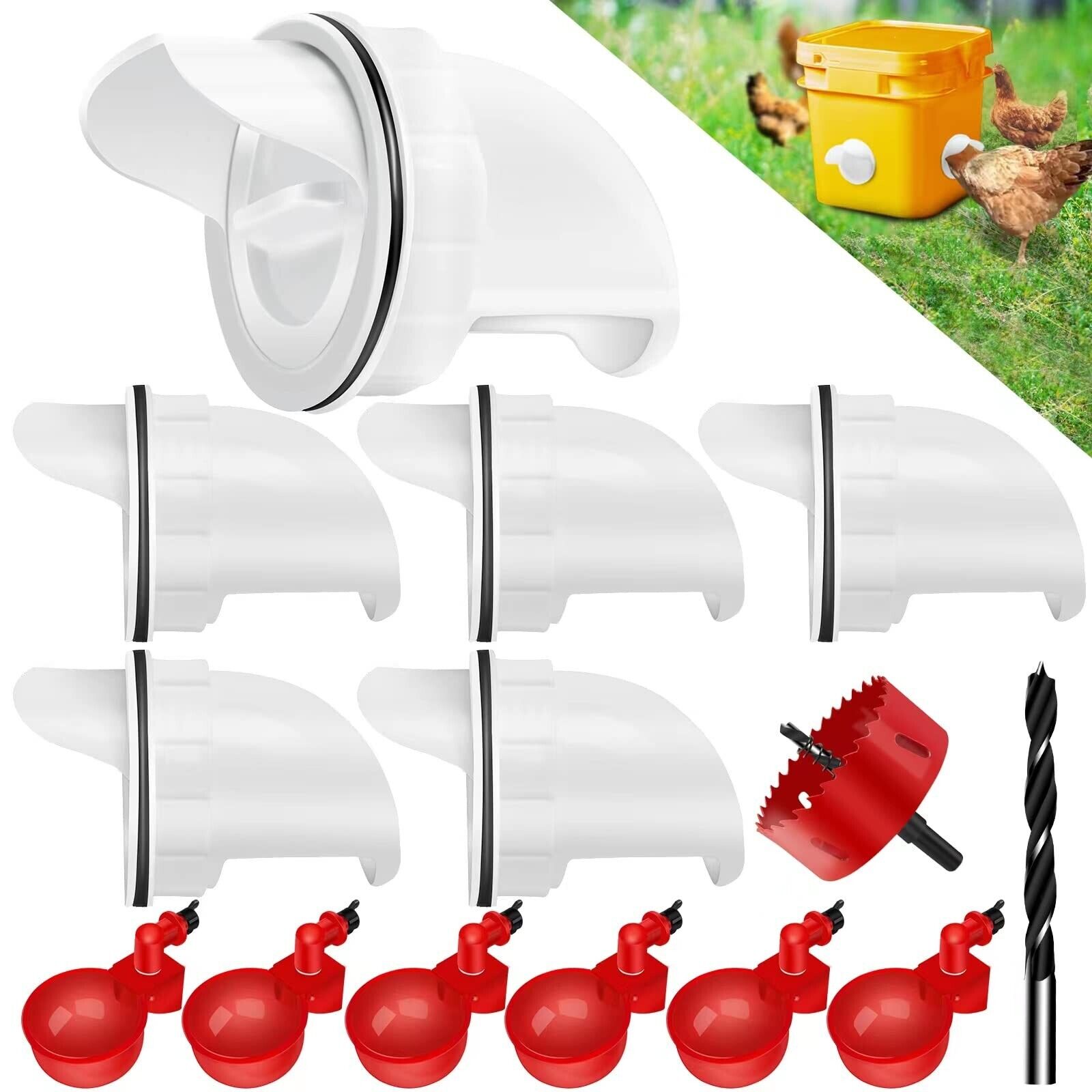 Automatic Chicken Duck Feeder Kit,No Waste Automatic Poultry Feeder Ports Kit & Waterer Set, Rainproof, No Waste,6 Feeding Ports, 6 Water Cups,A hole Saw and Drill Bit