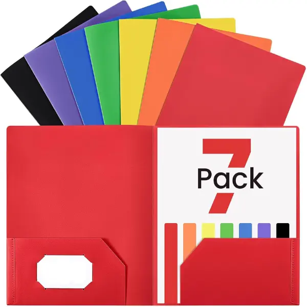 7 Pack Folders with Pockets, 2 Pocket Folders with Extra Labels, Plastic Folder with Pockets, Heavy Duty File Folder Bulk, School Business Office Filing Supplies