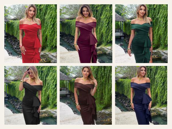 CurvySweet Off The Shoulder Formal Evening Midi Dress with Built-in Bra Bodycon Ruched Slit for Fall Wedding Guest & Cocktail Parties SpringStatements