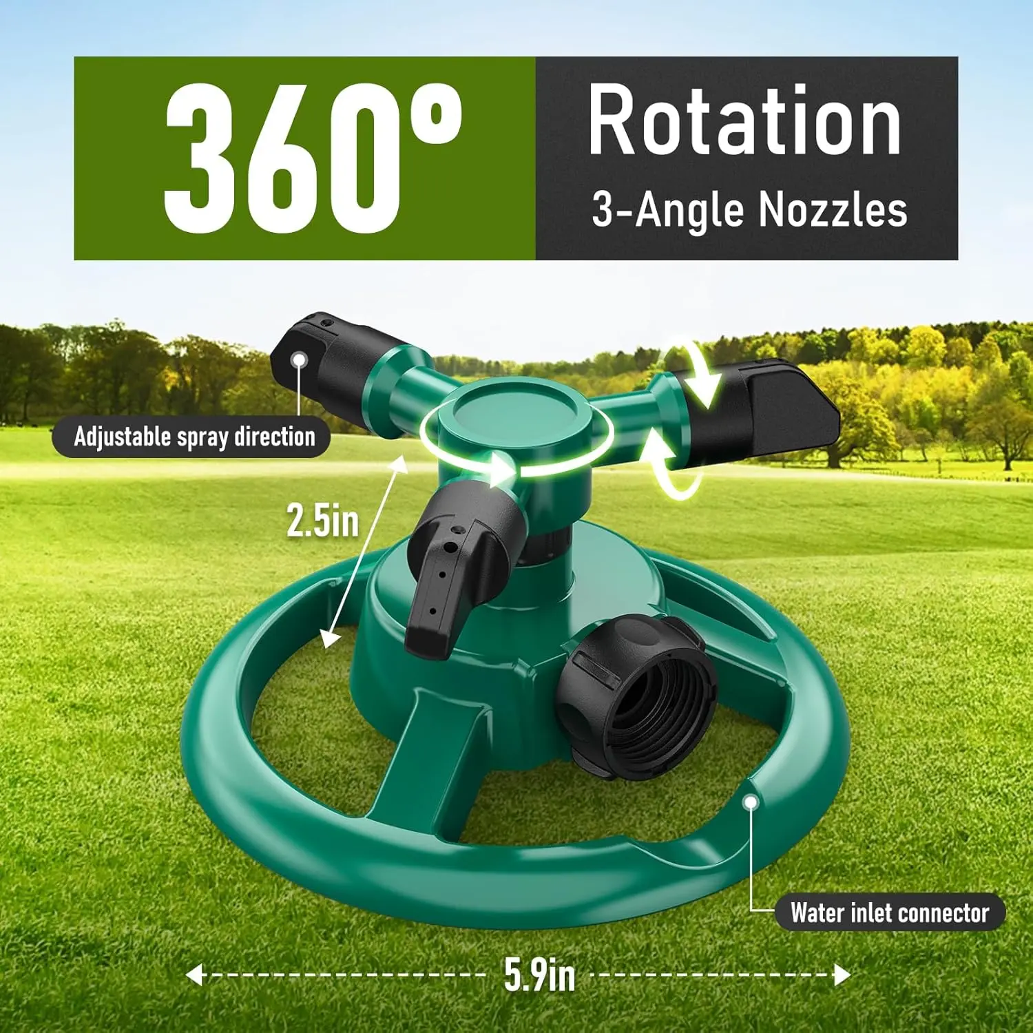 360° Rotating Plastic Brass Lawn Sprinkler - Automated Irrigation Watering Equipment with 3 Nozzles, Adjustable Flow, Arc Pattern, Even Wetting for Community Gardens, Cooling Down Patios