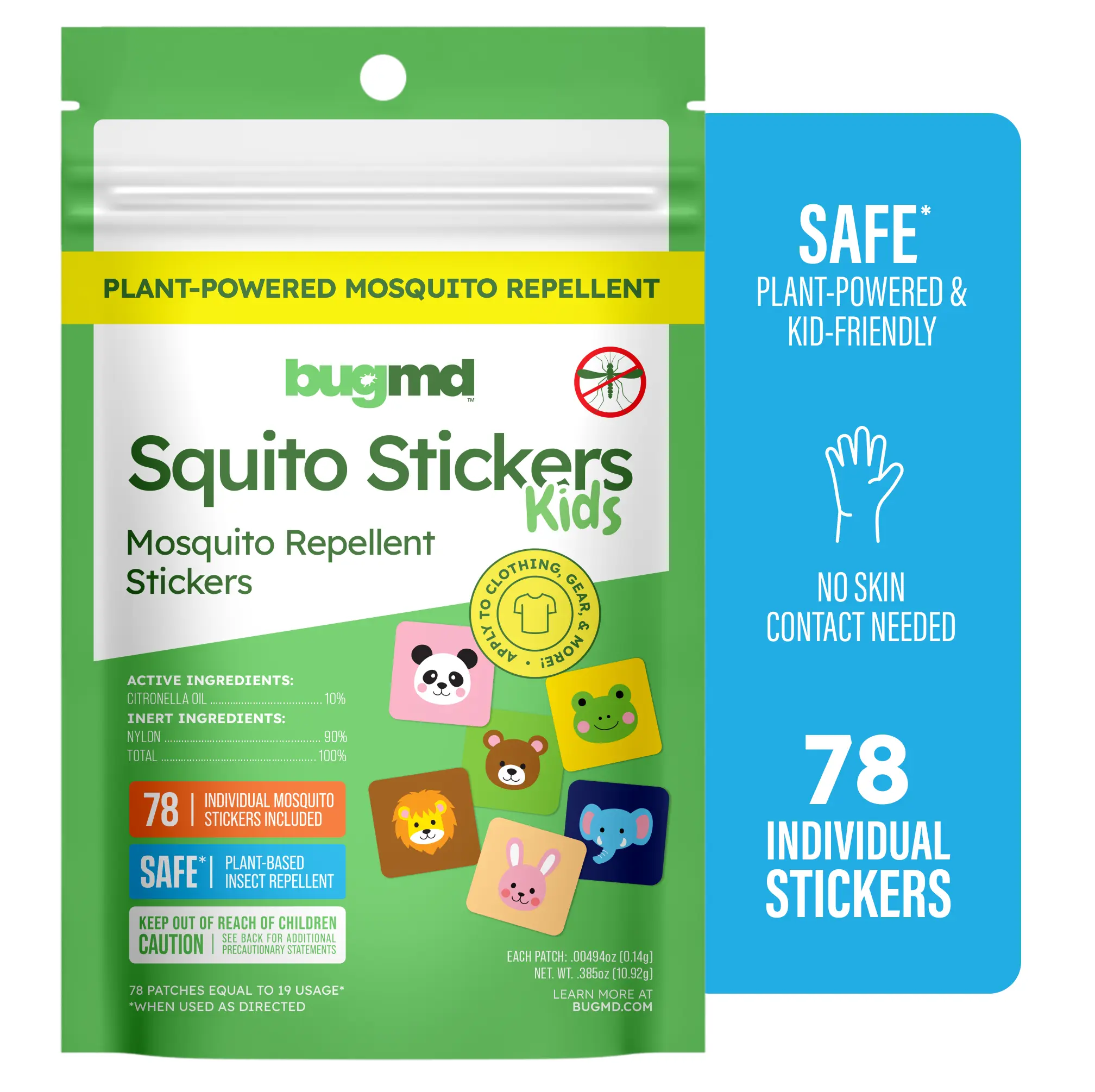 BugMD Squito Stickers Mosquito Repellent Patches for Kids and Adults - DEET-Free Citronella Insect Repellent Stickers for Toddlers, Camping, Beach and Outdoor Activities