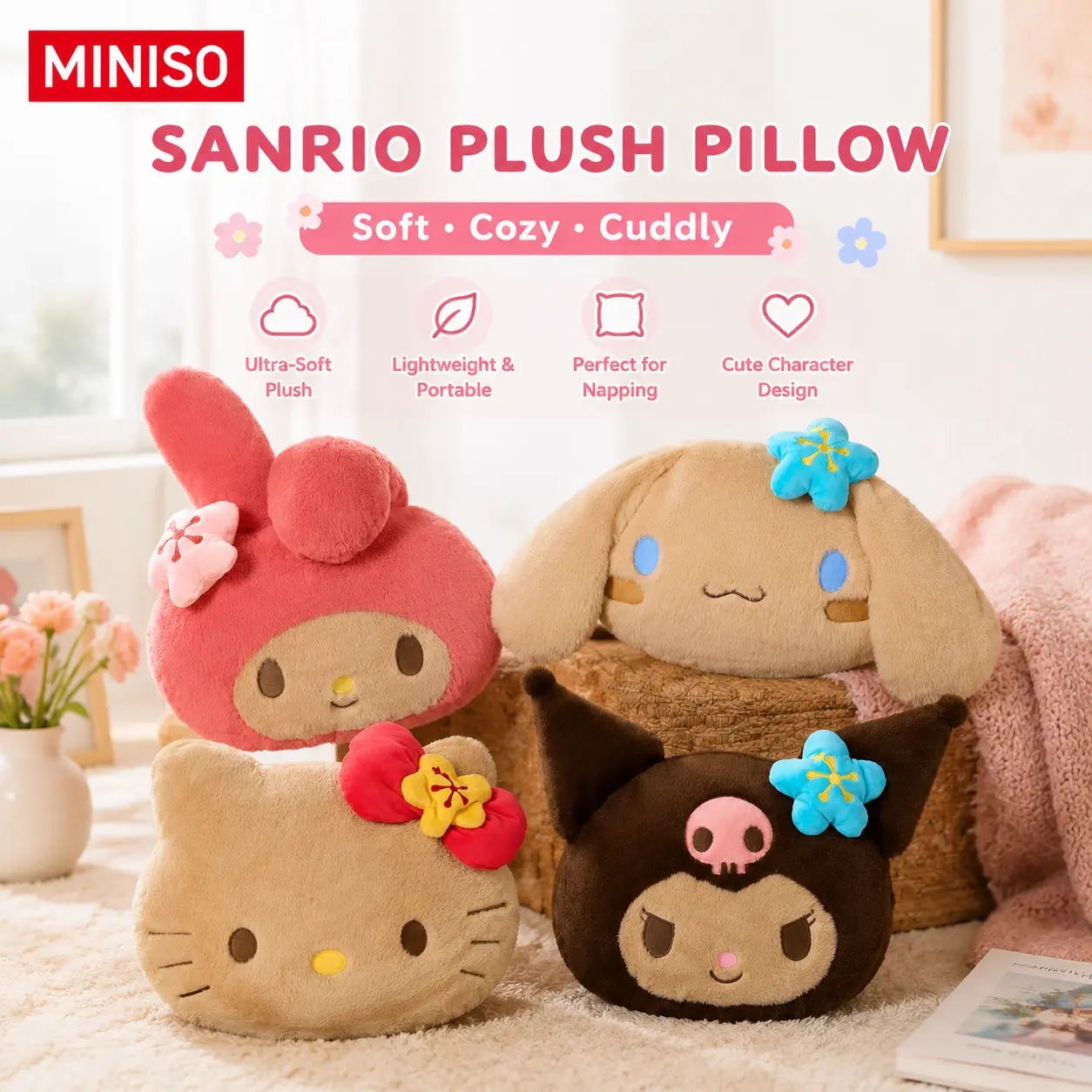 MINISO Sanrio Summer Tanned Series No.18 Head-Shaped Plush Pillow, Hello Kitty Stuffed Cushion, Soft Plush Material, Home Sofa Decor, Collectible Gift For Sanrio Fans, Back to School Gifts
