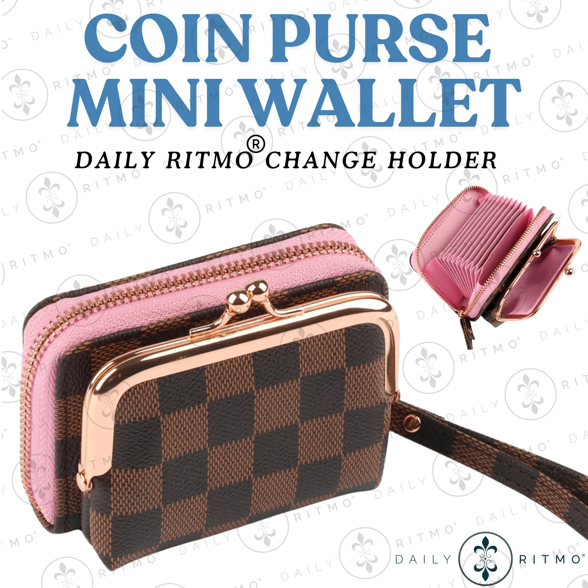 DAILY RITMO Women's Compact Travel Small Size Wallet - Chic Pink Plaid PU Leather Coin Holder Purse, Rose Gold Zipper, Lightweight Everyday Carry Pouch, Premium Design, Accessories for Women, Mini Useful Gifts