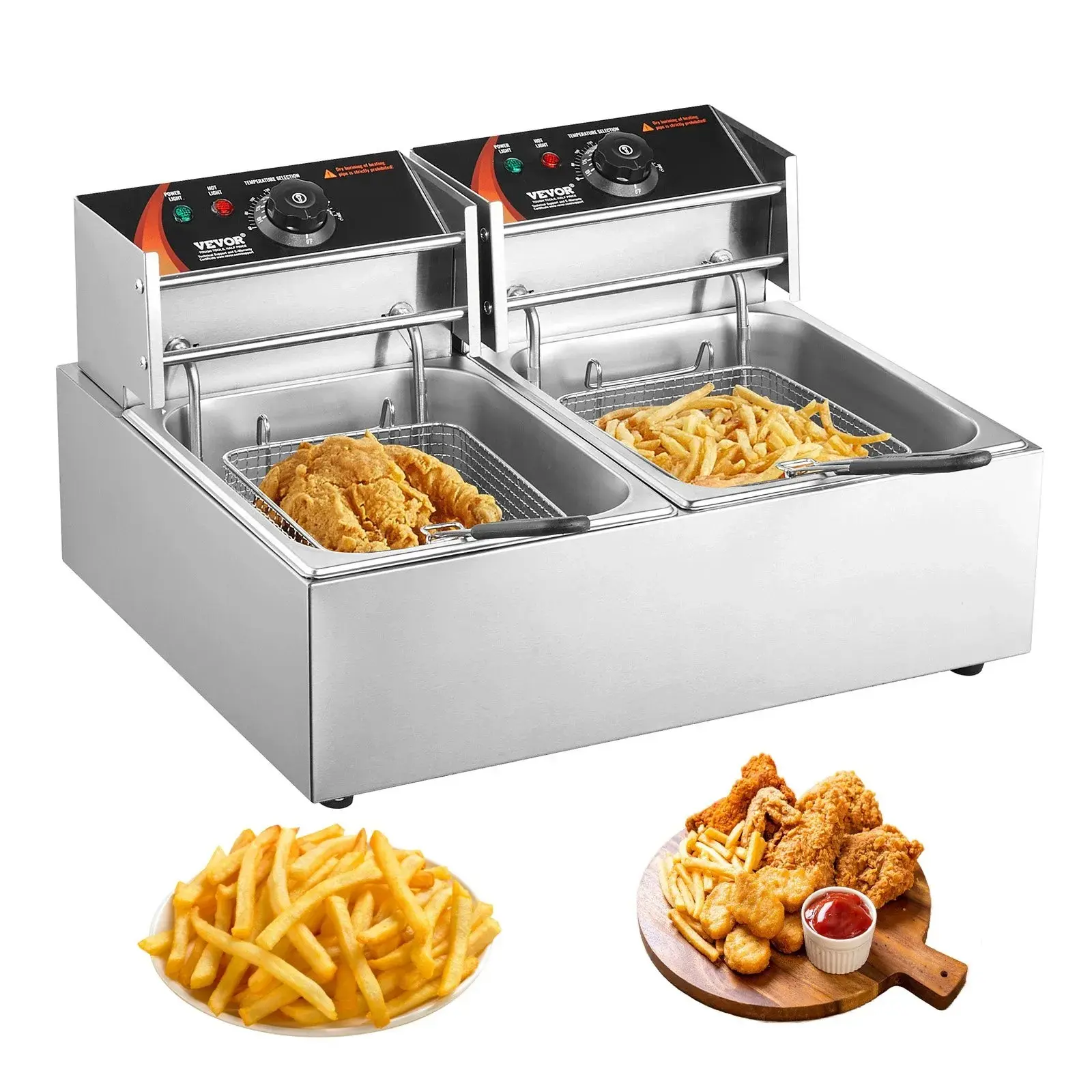 VEVOR Commercial Electric Deep Fryer Appliances, 3000W Dual-Tank Countertop Cooker with 2 x 9.1Qt/8.6L Baskets, Temp Control, Overheat Protection & Auto-Shutoff, for Kitchen, Snack Bars, Parties