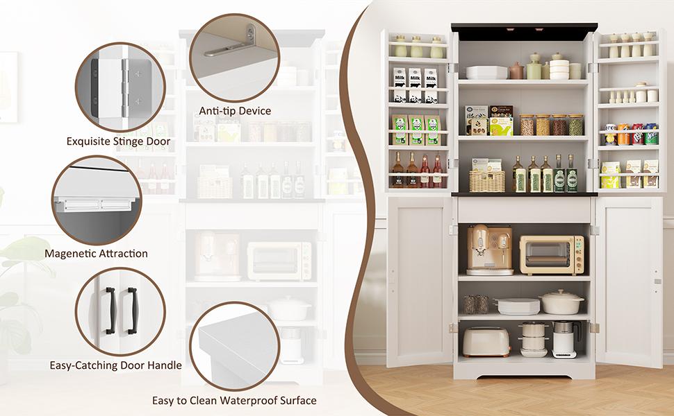 Walsunny White Floor Storage Cabinet with 4 Doors, Middle Drawers, Freestanding Design, 28*15.6*66.7 Inches, Suitable for Bathroom, Living Room, Dining Room, Office