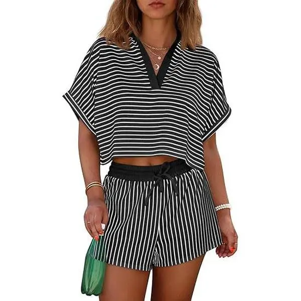 Cicy Bell Womens Striped 2 Piece Short Sets Summer Short Sleeve Collared V Neck Cropped Tops Vacation Casual Lounge Outfits