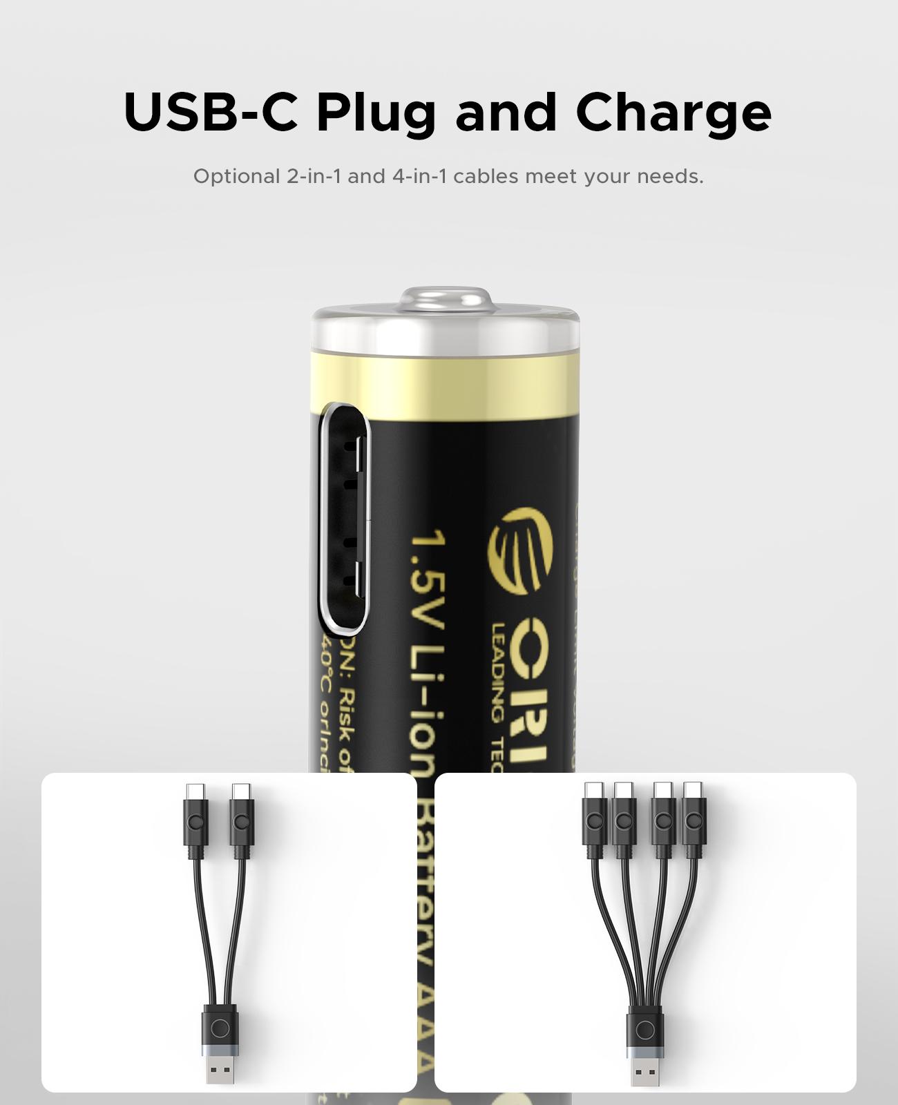 ORICO Ener-G Lithium ion Battery AAA Rechargeable Batteries with 1 Hour Fast Charge, Type-C Port 8 Pack, 1.5V 500mWh and Recharge Times up to 1500x, for Remote Controllers, Electronic Toys-EG7C