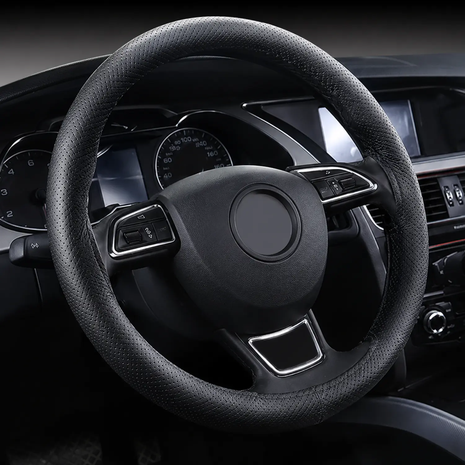 Genuine Leather 15" Steering Wheel Cover - Anti-Slip, Comfortable, Durable Cowhide Wrap for 99% Models, DIY Stitching Included, Easy Installation, Breathable & Stylish
