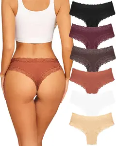 Womens Cotton Underwear Sexy Lace Brazilian Panties Soft Breathable Cotton Bikini for Ladies 6 Pack