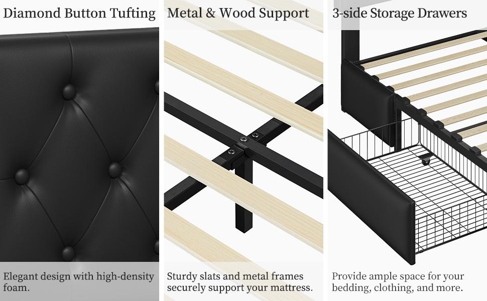 【3 Drawers Storage】Yaheetech Bed Frame with Adjustable Headboard, Upholstered Bed Frame with Diamond Button-Tufted Headboard, Sturdy Wood Slat Support, No Box Spring Needed