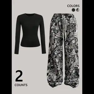 Women's Plain Top & Camo Print Wide Leg Pants Two-piece Set, Casual Fashion Cozy Round Neck Long Sleeve Top & Trousers for Daily Outdoor Wear, Ladies Clothes for All Seasons, Fall outfit Womenswear Everyday Fitted Suits