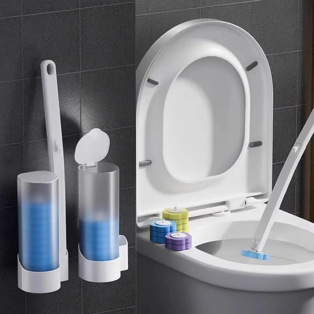 Disposable toilet brush, toilet brush kit with 18 pieces of cleaning agent filling, sink, bathtub, washbasin, urinal and other cleaning systems, toilet brush bathroom cleaning kit (6 blue, yellow, purple each)