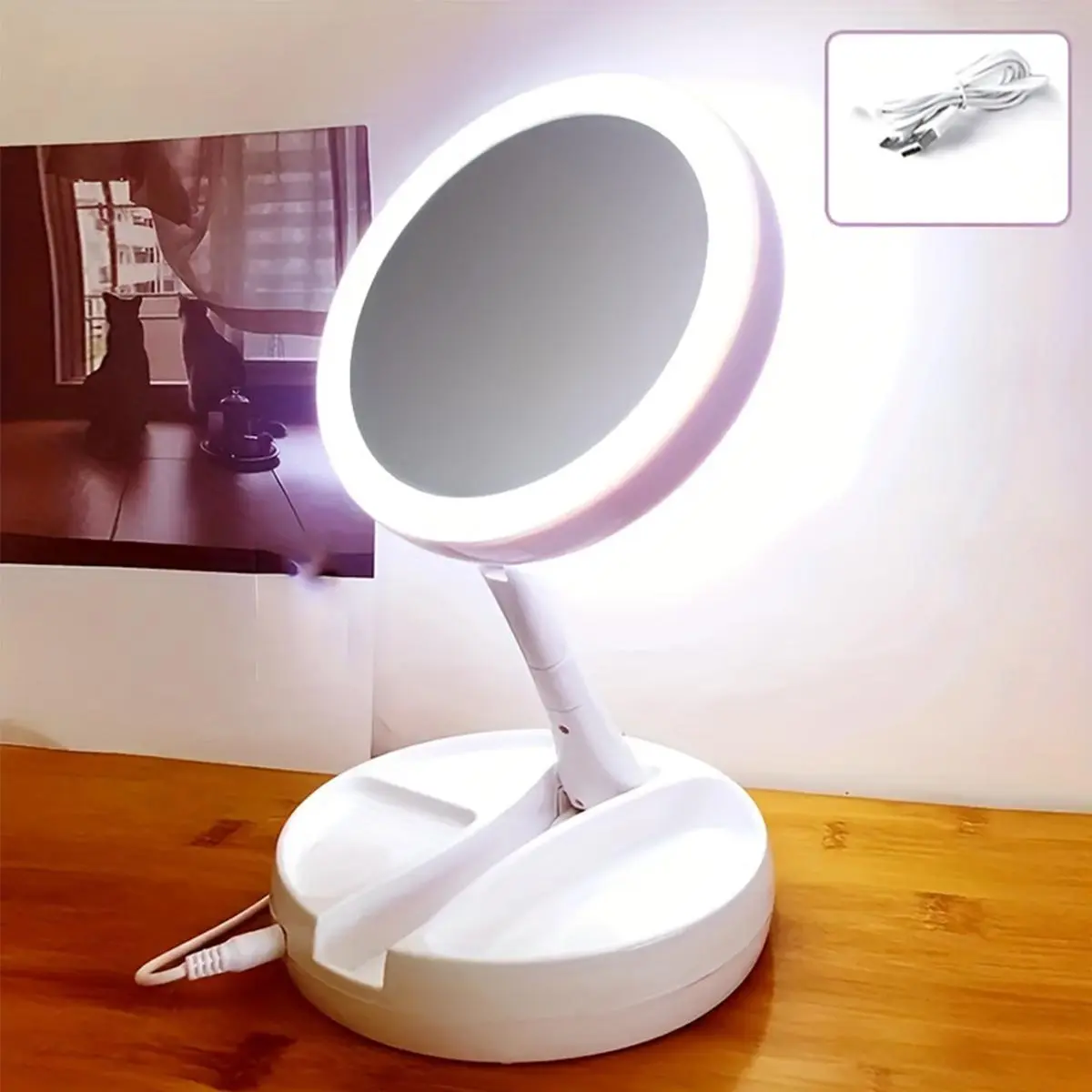 10x Magnifying Led Makeup Mirror with Light, 1 Count Foldable Mirror, Lighted Vanity Makeup Double Sided Mirror for Home, Bathroom, Led Lights Mirror, Led Lit Mirror