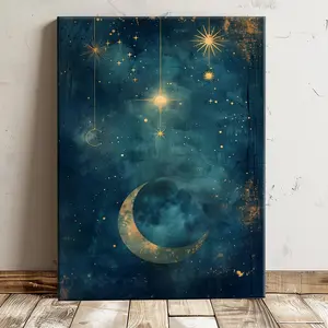 2d flat, With inner frame 1 Pc Attractive starry sky and crescent moon design Wooden Framed Canvas painting Thickness 2.25cm/0.9inch High quality Wall Art Prints Poster Direct hanging Wall Picture Decor for Home Gifts, living room, bathroom, bedroo