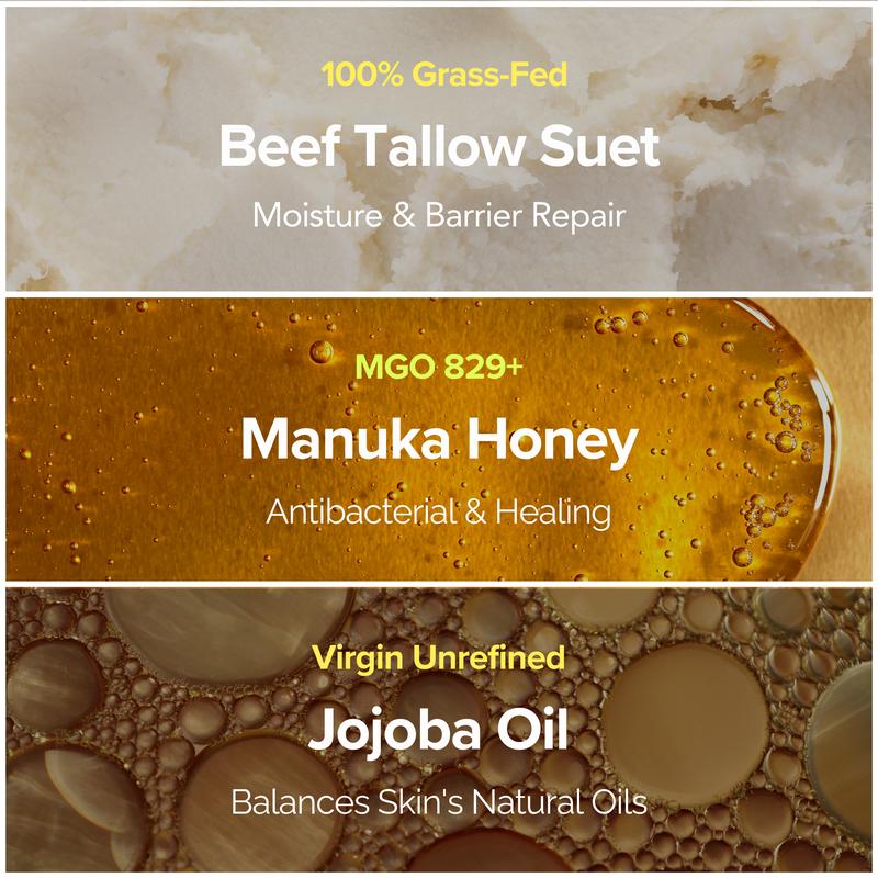100% Grass-Fed Beef Tallow & Manuka Honey Balm, Natural Moisturizer Cream for Face & Body, Eczema Relief Cream, Moisturizer for Dry Skin, Pure Tallow Face Moisturizer for Sensitive Skin, 4oz