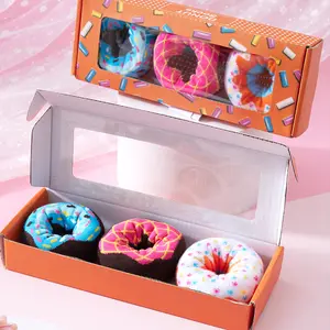Unisex Crew Socks 3-Pairs Gift Box, Vibrant Donut Pattern Cotton Blend, Cute Mid Calf Style for a Playful Look