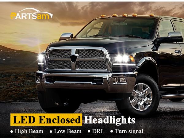 Partsam Full LED Projector Headlights for 2009-2018 Dodge Ram 1500 2500 3500 Upgrade Complete Assembly Black Housing IP67 Waterproof DOT Compliant