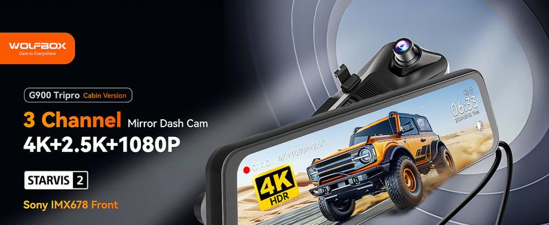 WOLFBOX G900 Tripro Cabin Version 3 Channel 4K Rear View Mirror Camera STARVIS 2 IMX678 Night Vision 4K+1080P+2.5K Front Inside and Rear Mirror Dash Cam 5.8GHz WiFi Voice Control Includes 256GB Card TikTokShopHolidayHaul