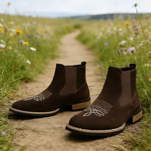 AnQuxun Men's Embroidered Chelsea Boots European American Style Comfortable Brown PU Leather Flat Rubber Sole Western Boot Decor Dark Brown Walking Shoes - Casual, Boy