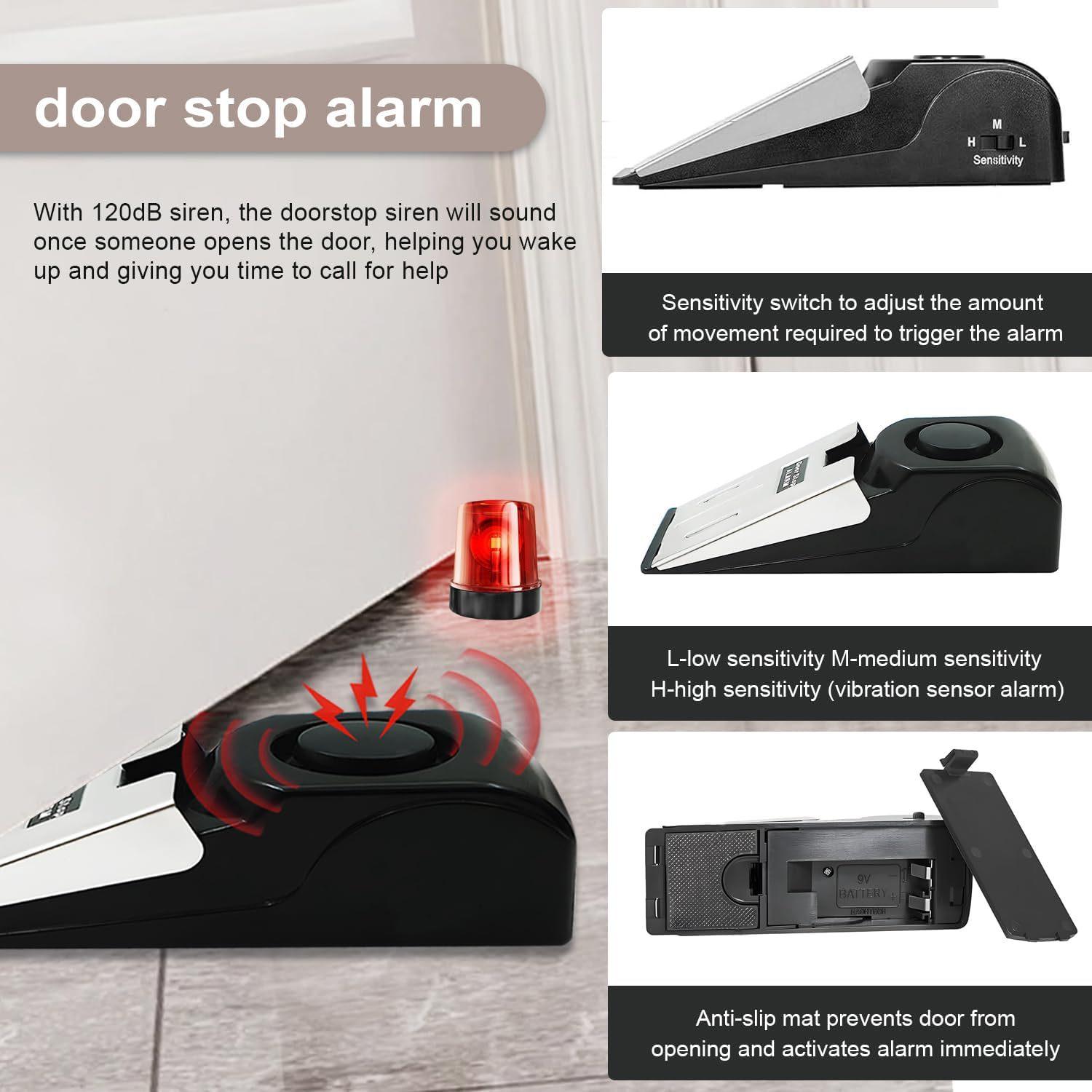 Home Security Door Stopper Alarm - Easy to Install No Tools Needed, 3 Sensitivity Modes, 120DB Loud Anti-Theft Alarm, Stainless Steel Pressure-Resistant, Instant Alarm When Pushed-YY
