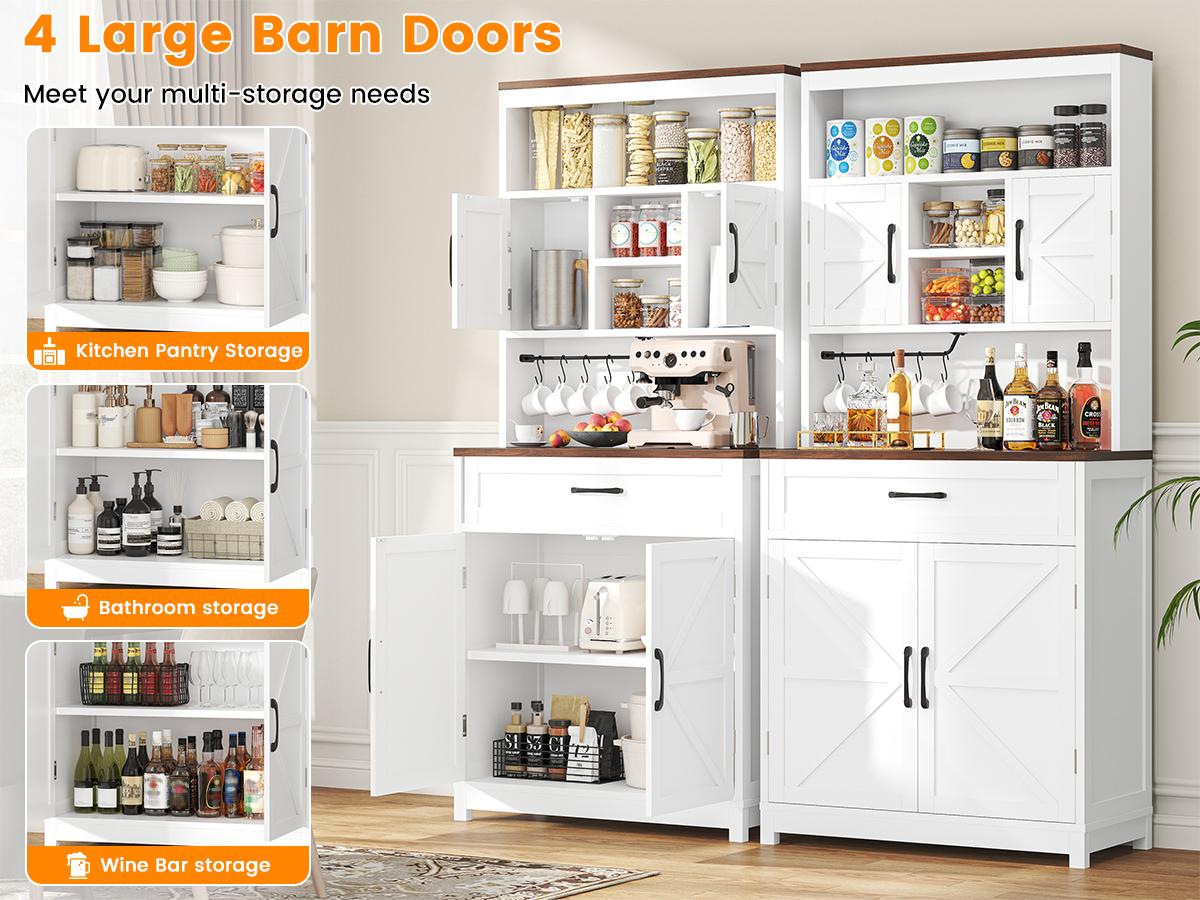 69.3" Tall Farmhouse Kitchen Pantry Cabinet with 2 Barn Doors 1 Drawer & Storage Shelves Wide Countertop Charge Holes for Buffet & Kitchen Hutch 69.3" Tall Farmhouse Kitchen Pantry Cabinet with 2 Barn Doors 1 Drawer & Storage Shelves Wide Countertop Charge Holes for Buffet & Kitchen Hutch