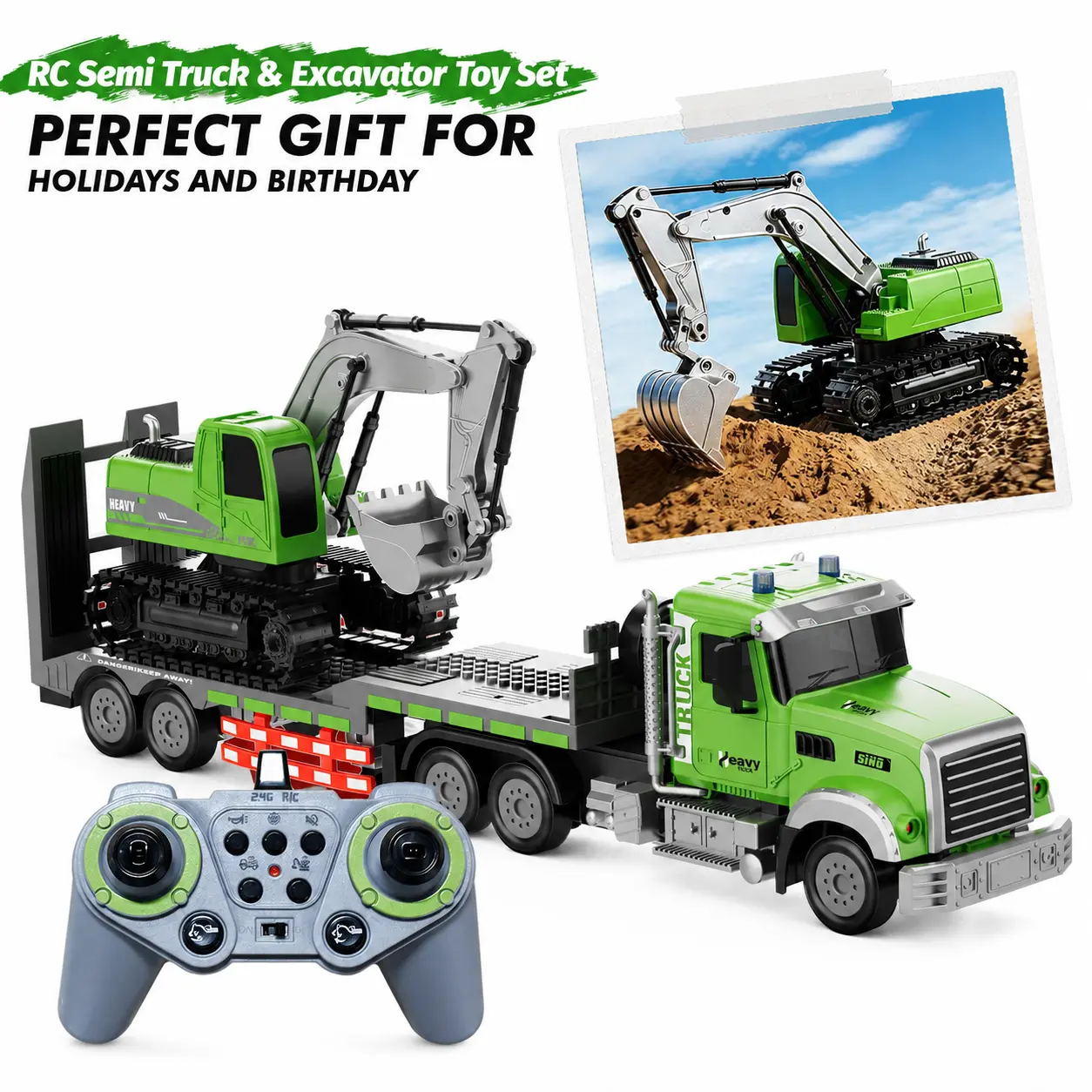 RC Semi Truck & Excavator Toy Set, 1:12 Removable and Rechargeable Remote Control Flatbed Trailer Truck with Lights & Sound, 2.4GHz RC Construction Vehicles for Kids,Surprise Gift, Parent-Child Interaction,back to school