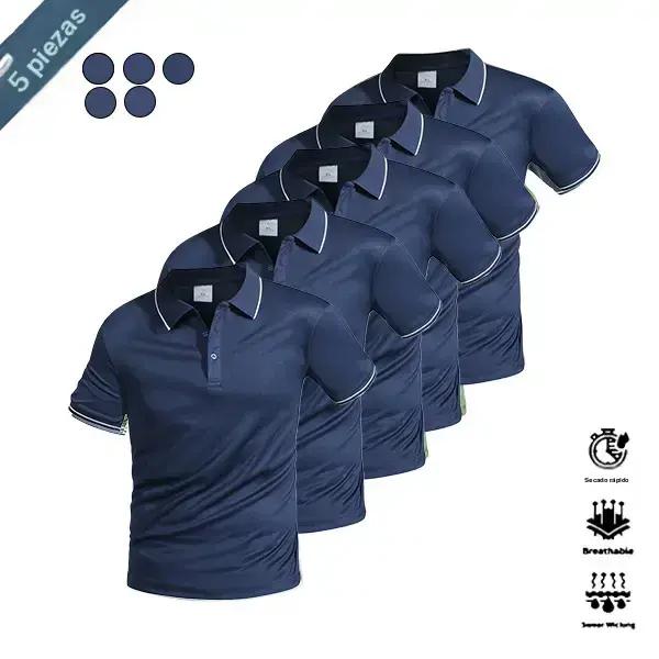 Five-piece men’s casual short-sleeve polo set—quick-dry golf and tennis shirts, comfortable riding wear, stylish men’s sportswear—ideal for casual gatherings, vacations, and travel; contrast color design at the neckline and cuffs.