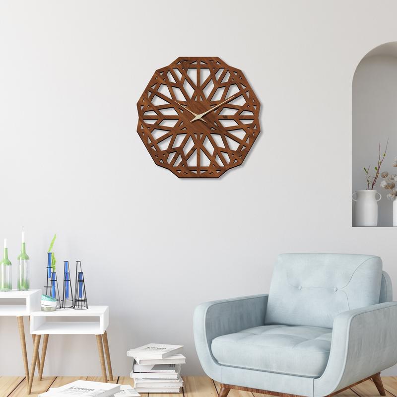 Carved flower shaped wooden wall clock, 16 inch walnut texture unique shaped quartz clock, silent non-ticking battery power supply, thickened 9mm thickness, suitable for living room, bedroom, office decoration