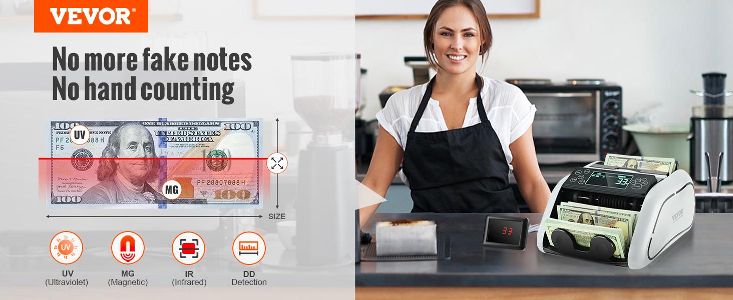 【fathersdaygift】VEVOR Money Counter Machine, Bill Counter with UV, MG, IR and DD Counterfeit Detection, USD & EUR Cash Counting Machine with Large External Display for Small Business,Cash Counter with LCD Display