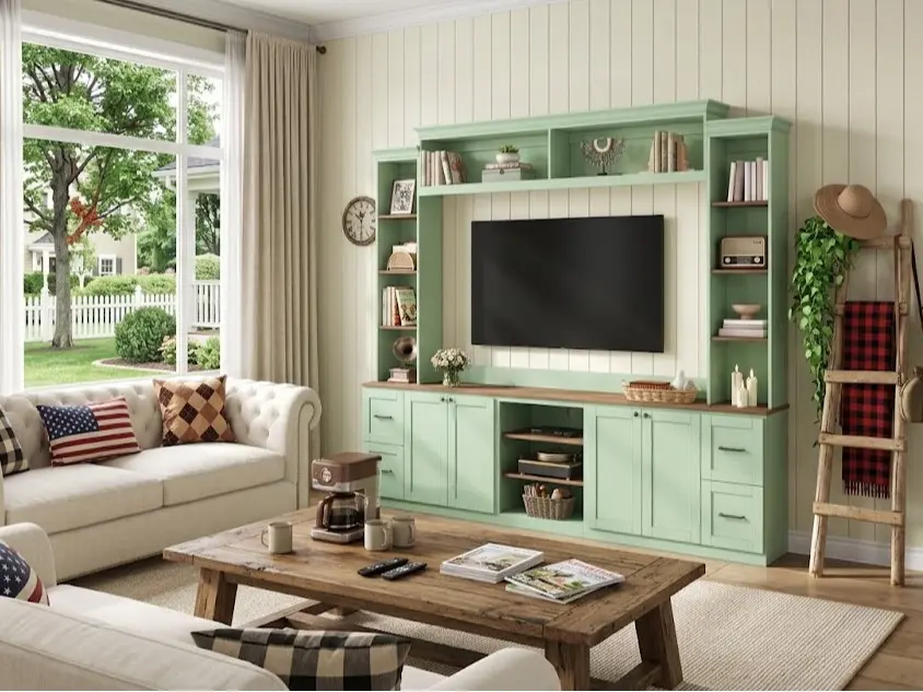 SAVEYOUR  Modern Farmhouse TV Stand, 70 Inch Entertainment Center with Bookshelf & Storage Cabinets, 4-in-1 Wall Mounted Style Media Console with Adjustable Walnut Shelves and Drawers, Mint Green TV Cabinet for Living Room Makeover