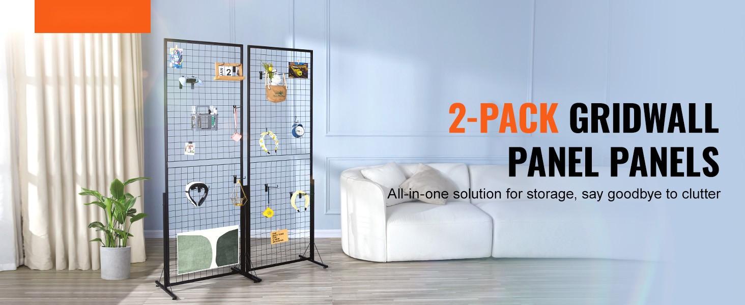 2' x 5.6' Grid Wall Panels Tower, 2 Packs Wire Gridwall Display Racks with T-Base Floorstanding, Double-Sided Gridwall Panels for Art and Craft Shows, Retail Display with Extra Clips and Hooks for Versatile Booths