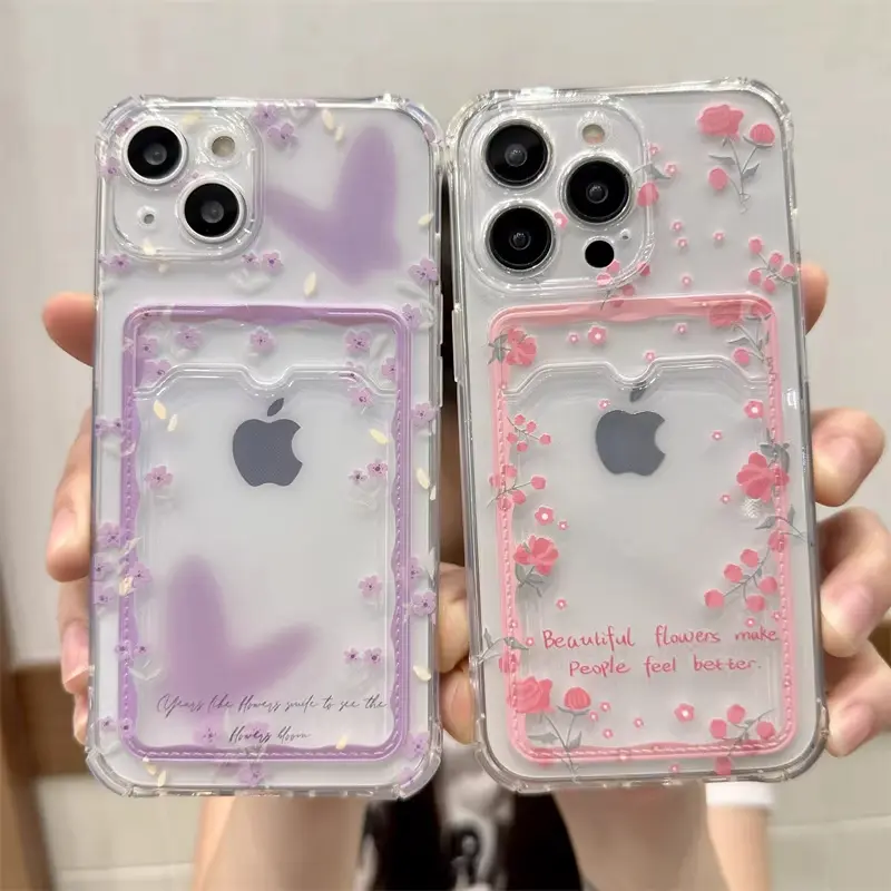 Butterfly & Flower Themed TPU Card Holder Phone Case - For iPhone Devices, Handheld Smartphone/Cellphone Protection, Shock-Resistant, Drop-Resistant, Back Card & Photo Display Slot, Casing