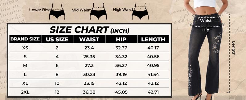 EMMIOL Women's Bell Bottom Jeans Stretchy Flare Mid Rise Embroidery Bell Bottom Vintage Denim Jeans 90s Outfits Y2k Clothes