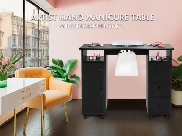 Nail Beauty Manicure Desk with Electric Downdraft Vent Wrist Cushion Lockable Wheels Storage Drawers & Wooden Handle Black