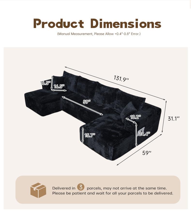Comfortable U-shape Modular Corduroy Sofa 131.8'' Boneless Sectional No Assembly Needed 6 Free Pillows Living Room Furniture 3 Packages Shipping
