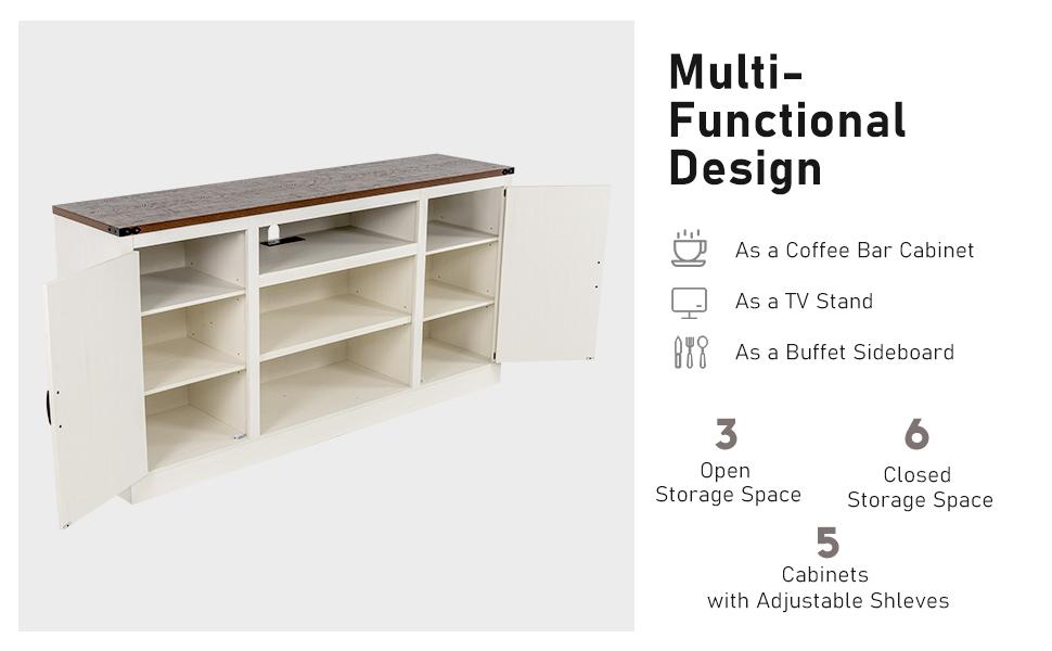 66" Farmhouse TV Stand with Power Outlets for 75 65 Inch TVs, 33" Tall Entertainment Center with Storage Cabinets with Adjustable Shelves, Rustic Large TV Media Console for Living Room