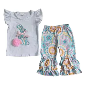 Cocokids Kids Girl Easter Clothing Set  Bunny Embroidery Pants Set Cute Spring Clothes