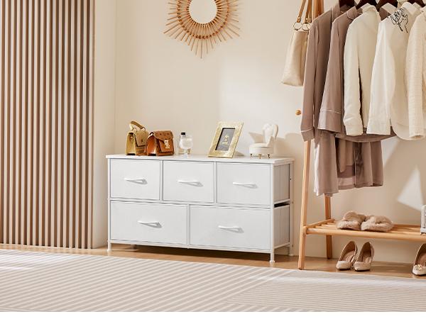 Cupboards Cabinets Dresser Fabric Storage Tower with 5 Drawers Bedroom Organizer Chest of Drawers with Fabric Bins for Bedroom Closet Entryway Large Storage Solid Stable Multifunctional Use
