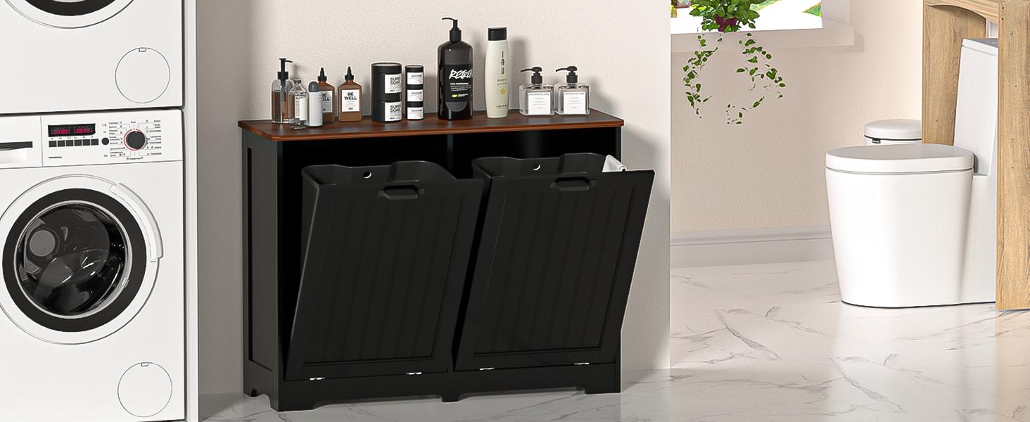 【Does Not Include Trash Can】AHB Hidden Storage Cabinet for 2 Trash & Recycle Bins | Space Saving Tilt Out Design | Pet Proof Wooden Cabinet for Kitchen, Laundry Room & Bathroom