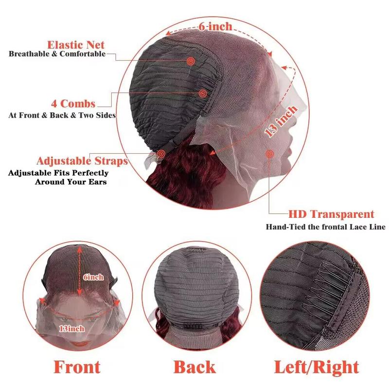 99j Burgundy 13x6 Deep Wave Lace Front Wigs Human Hair  HD Transparent Lace Front Wigs Human Hair for Women 180 Density Pre Plucked Wet And Wavy Red Colored Deep Curly Lace Frontal Wig